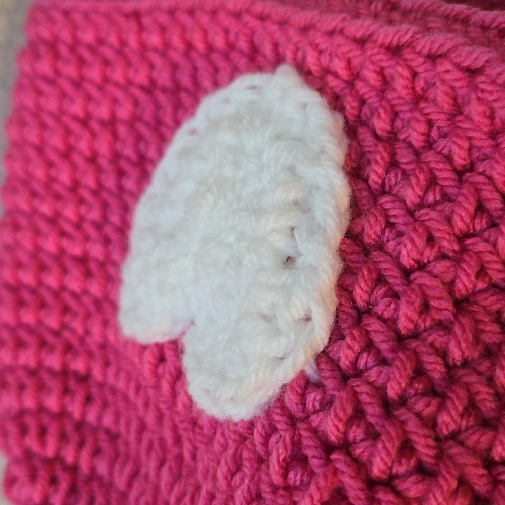Hand-Knit/Crocheted Adorable Hot Pink with White Heart Beanie - Picture 7 of 7